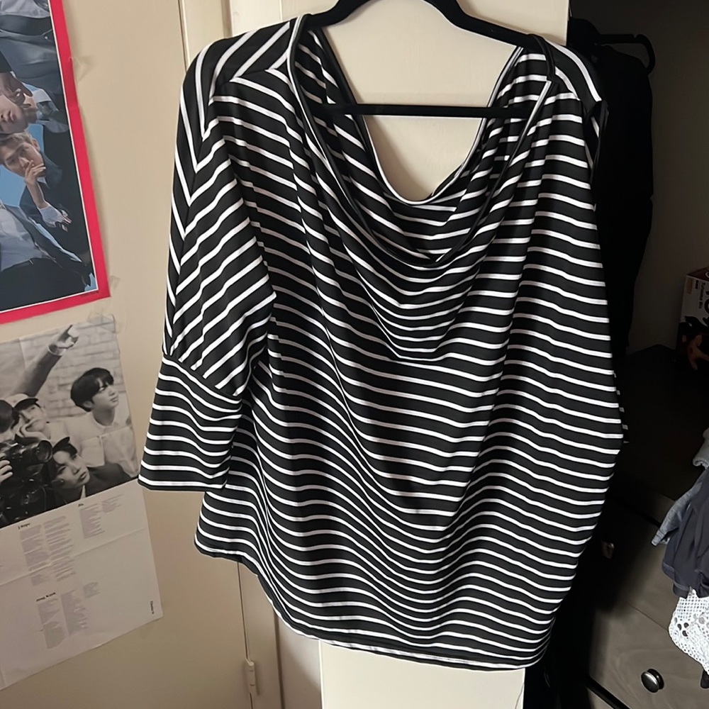 PLUS SIZE one sleeve, off shoulder dress shirt. 4X. Black and white stripes.